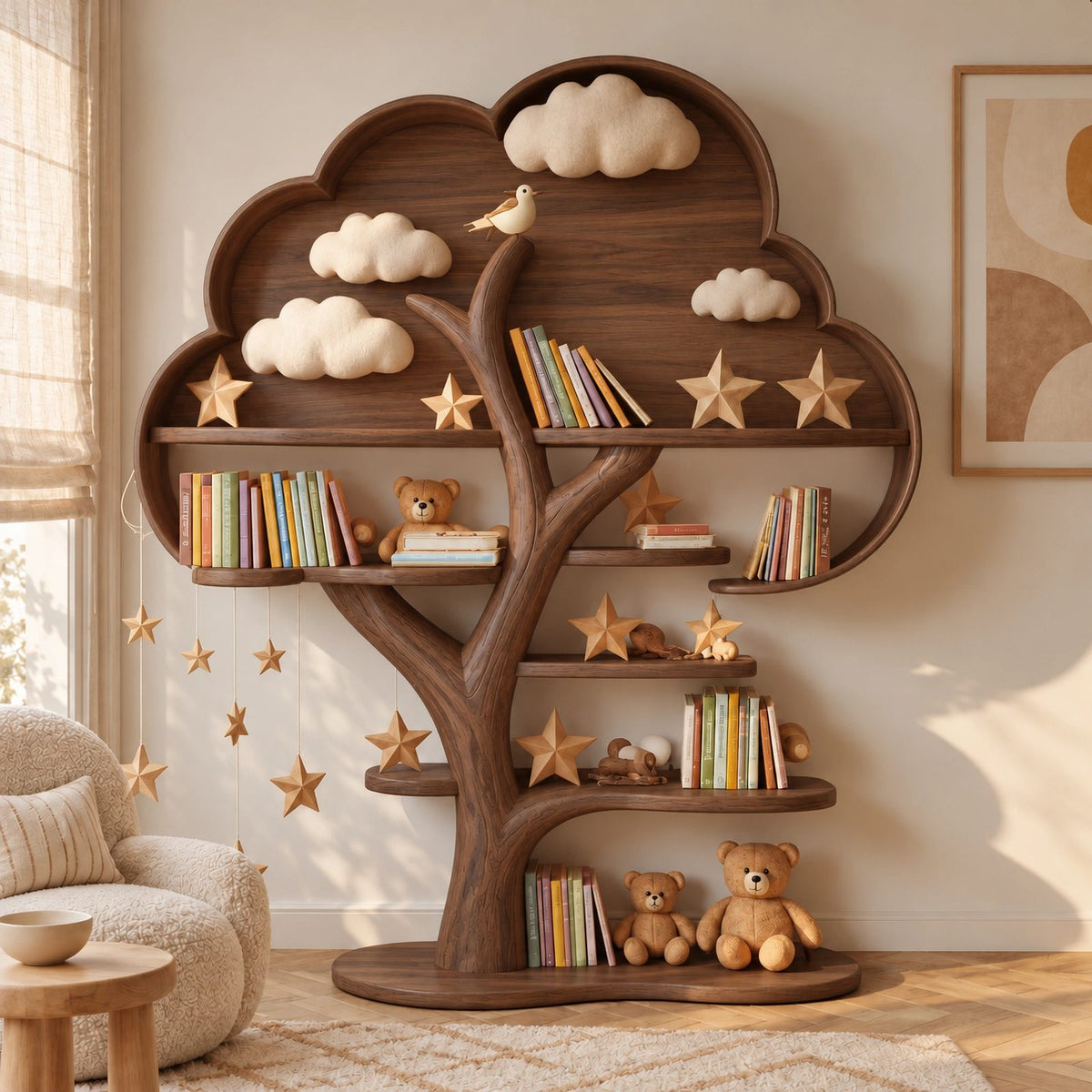 Contemporary Solid Wood Kids Tree Bookshelf With Rounded Canopy Shelves