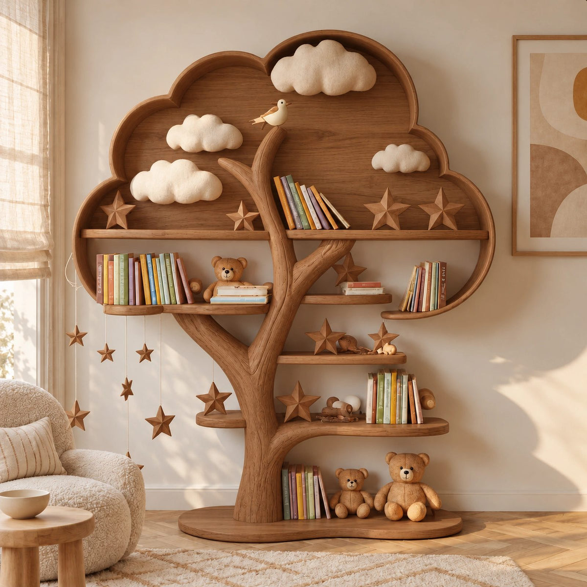 Contemporary Solid Wood Kids Tree Bookshelf With Rounded Canopy Shelves