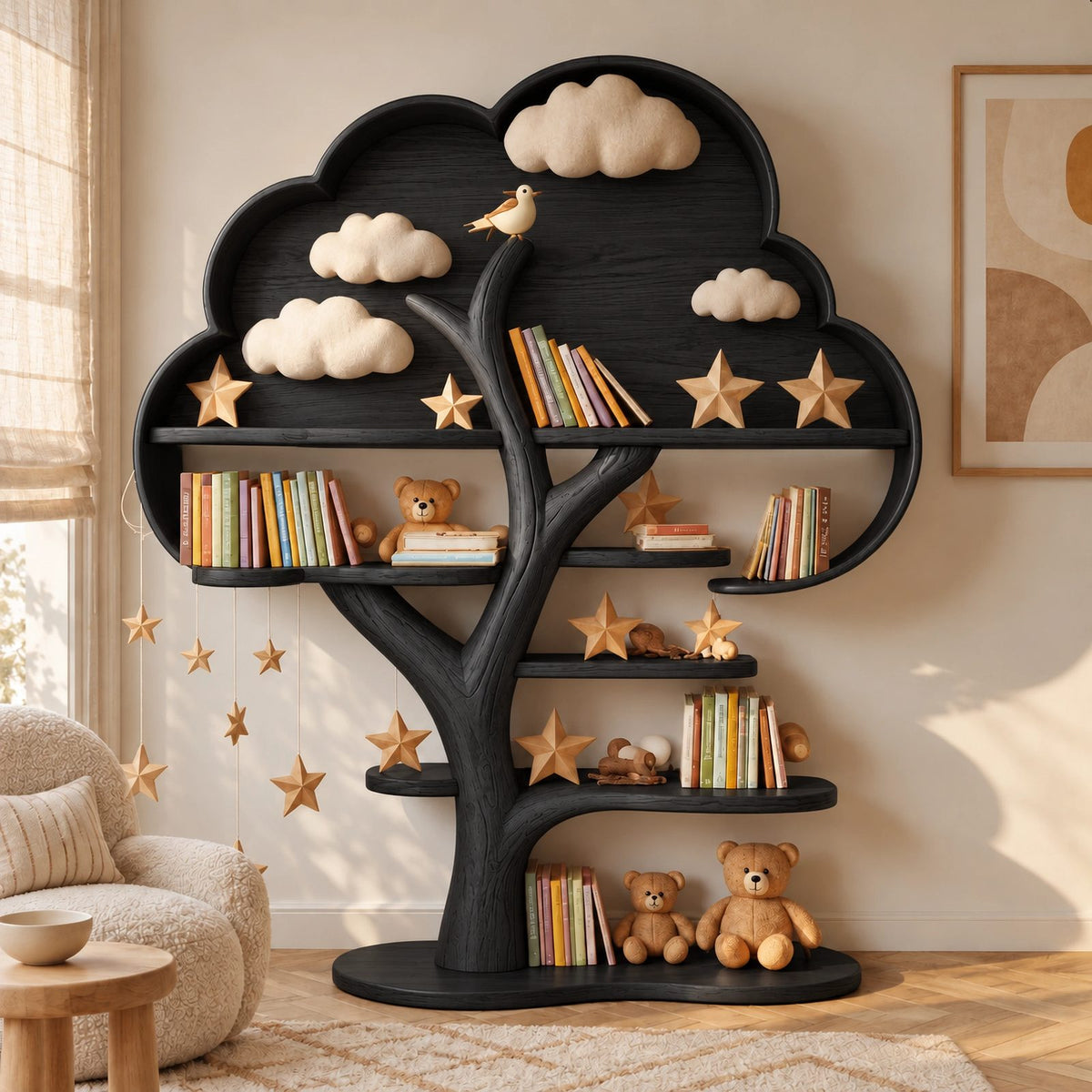 Contemporary Solid Wood Kids Tree Bookshelf With Rounded Canopy Shelves