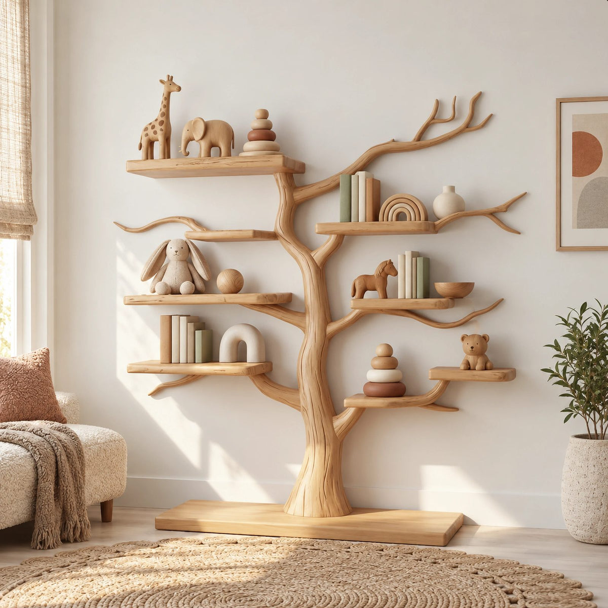 Farmhouse Solid Wood Kids Tree Bookshelf With Multi Branch Display Shelves