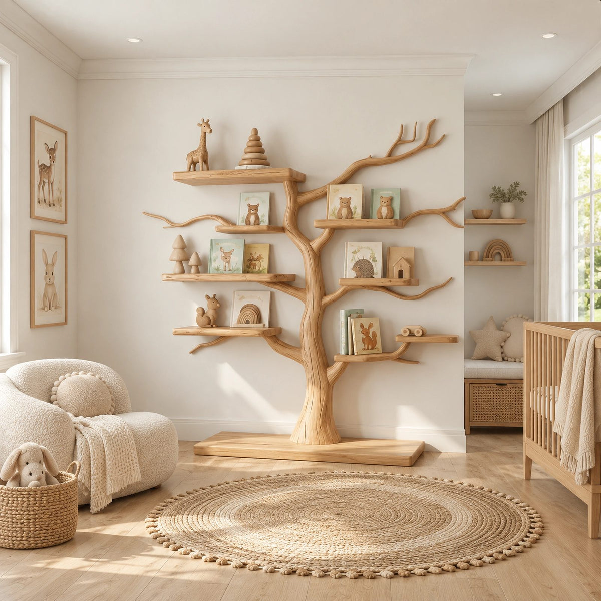 Farmhouse Solid Wood Kids Tree Bookshelf With Multi Branch Display Shelves