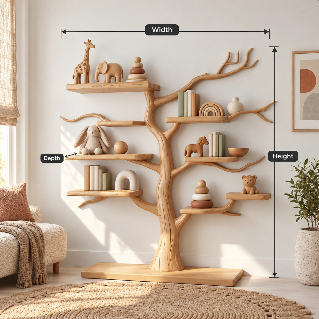 Farmhouse Solid Wood Kids Tree Bookshelf With Multi Branch Display Shelves