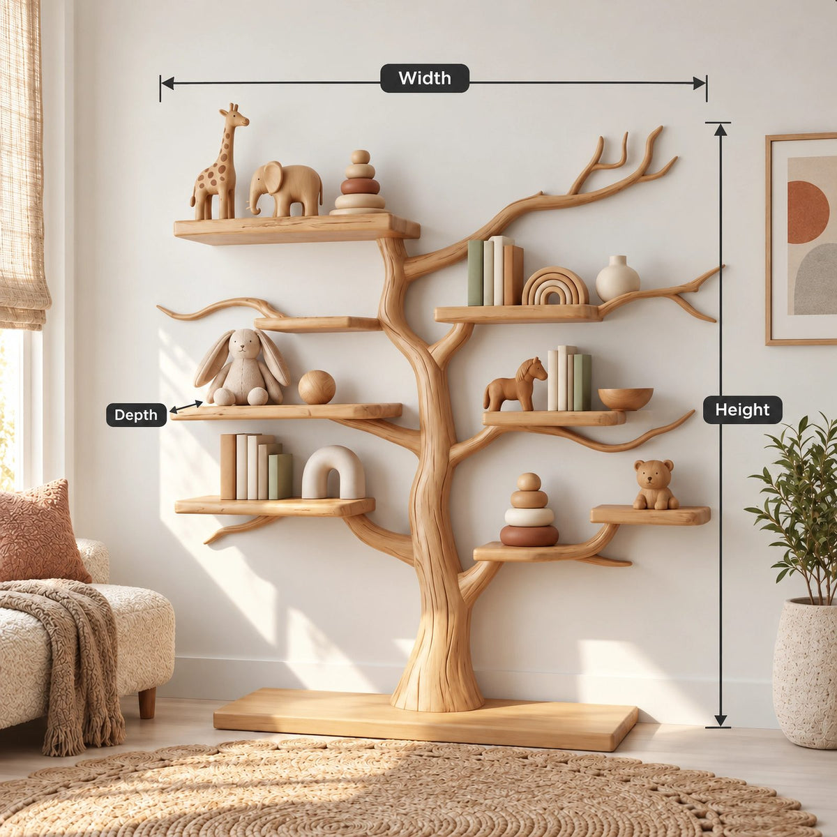 Farmhouse Solid Wood Kids Tree Bookshelf With Multi Branch Display Shelves