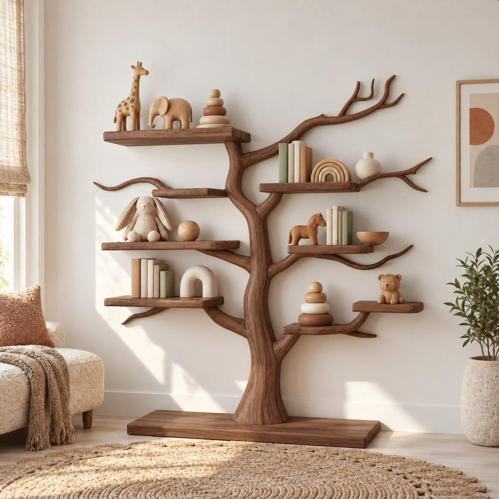 Farmhouse Solid Wood Kids Tree Bookshelf With Multi Branch Display Shelves