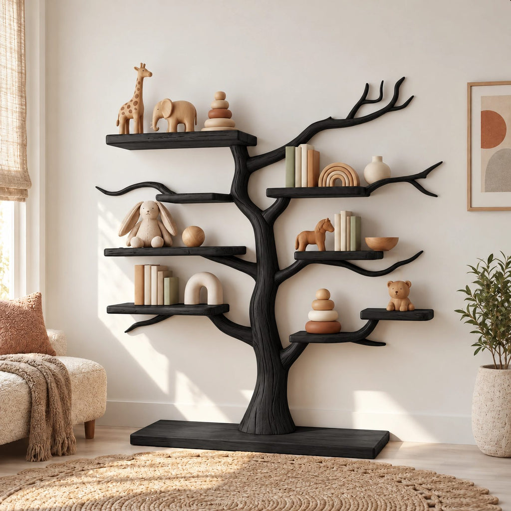 Farmhouse Solid Wood Kids Tree Bookshelf With Multi Branch Display Shelves