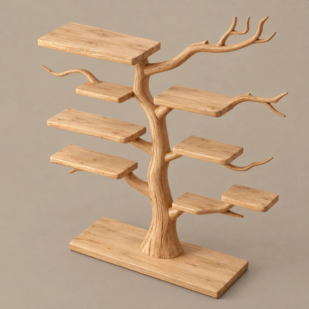 Farmhouse Solid Wood Kids Tree Bookshelf With Multi Branch Display Shelves