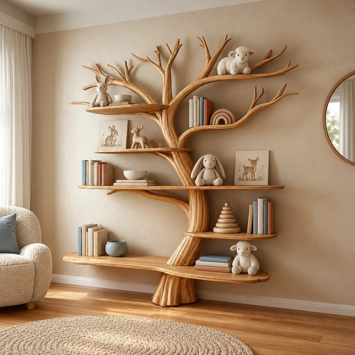 Mid Century Solid Wood Kids Tree Bookshelf With Multi Tier Branch Shelves