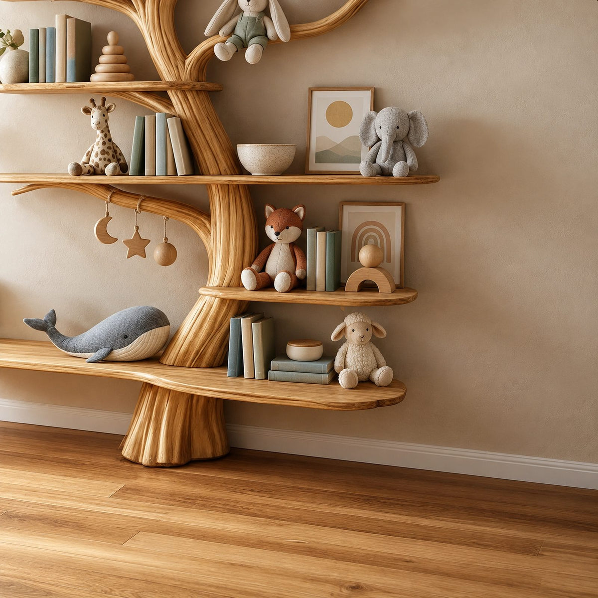 Mid Century Solid Wood Kids Tree Bookshelf With Multi Tier Branch Shelves