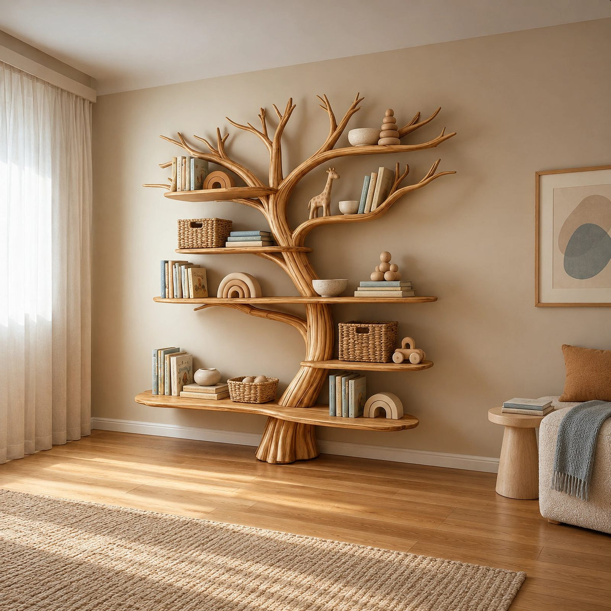 Mid Century Solid Wood Kids Tree Bookshelf With Multi Tier Branch Shelves