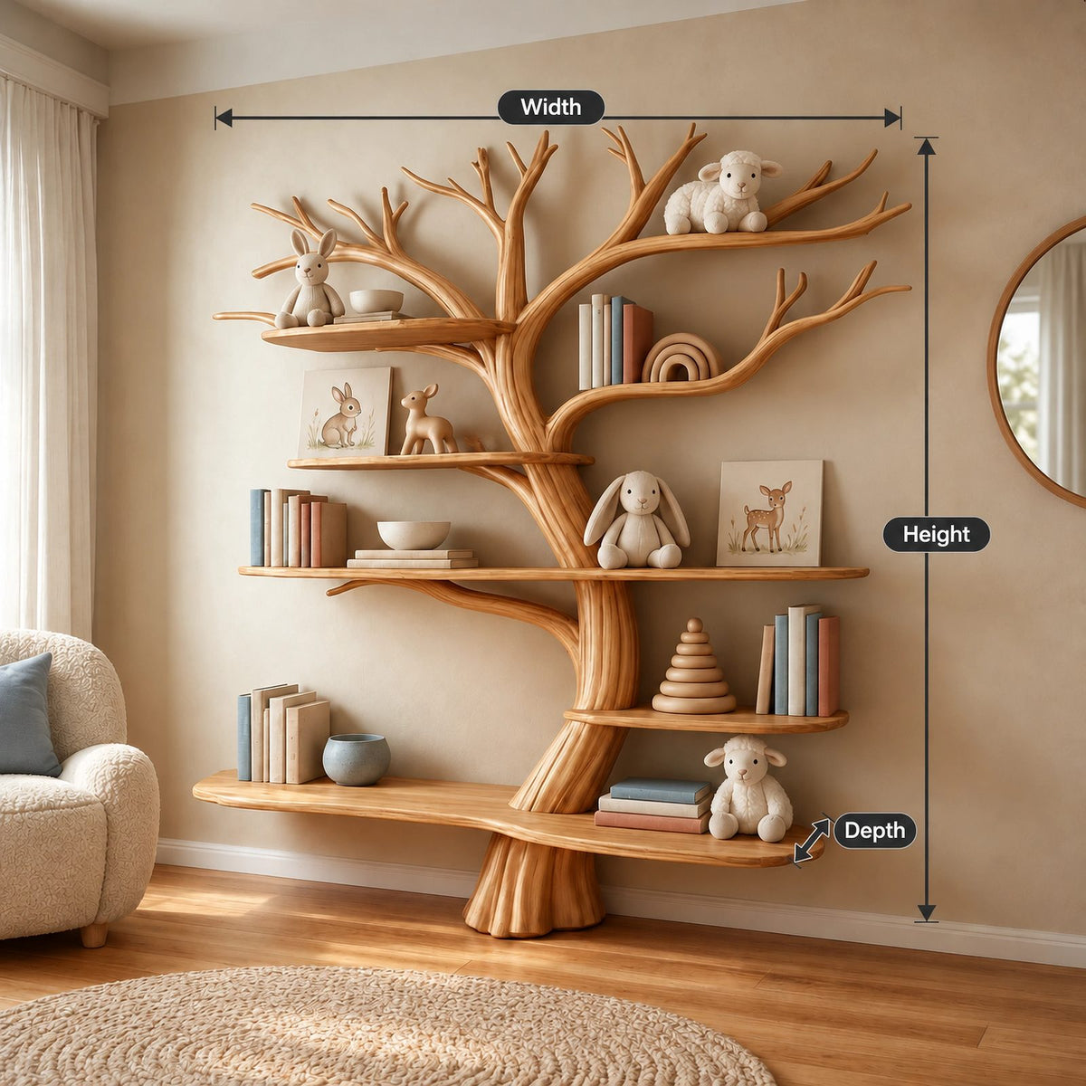 Mid Century Solid Wood Kids Tree Bookshelf With Multi Tier Branch Shelves