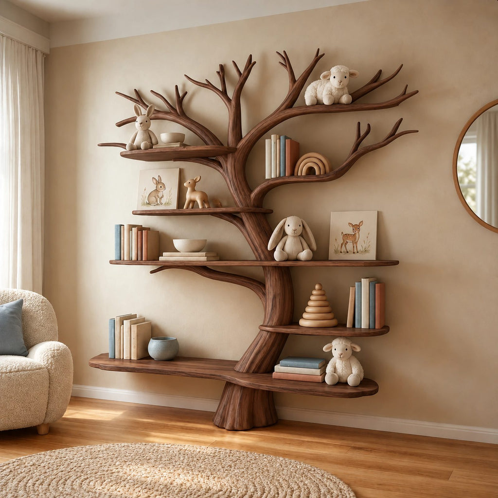 Mid Century Solid Wood Kids Tree Bookshelf With Multi Tier Branch Shelves