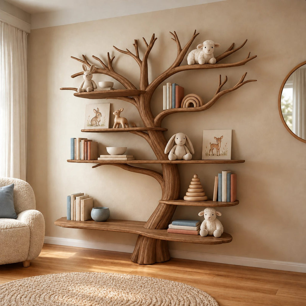 Mid Century Solid Wood Kids Tree Bookshelf With Multi Tier Branch Shelves