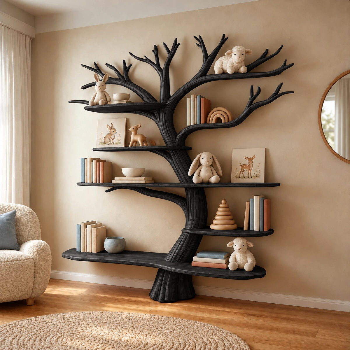 Mid Century Solid Wood Kids Tree Bookshelf With Multi Tier Branch Shelves