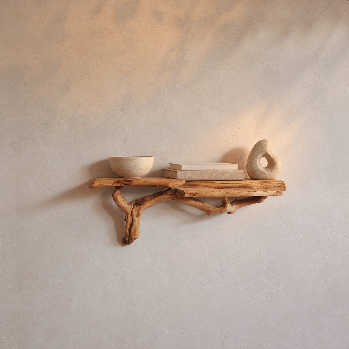 Rustic Live Edge Wooden Floating Shelf With Branch Support For Entryway