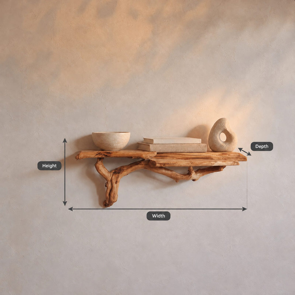 Rustic Live Edge Wooden Floating Shelf With Branch Support For Entryway