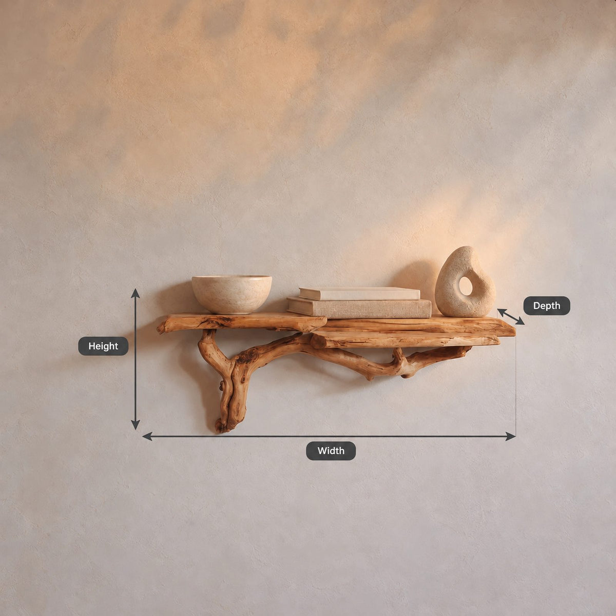 Rustic Live Edge Wooden Floating Shelf With Branch Support For Entryway
