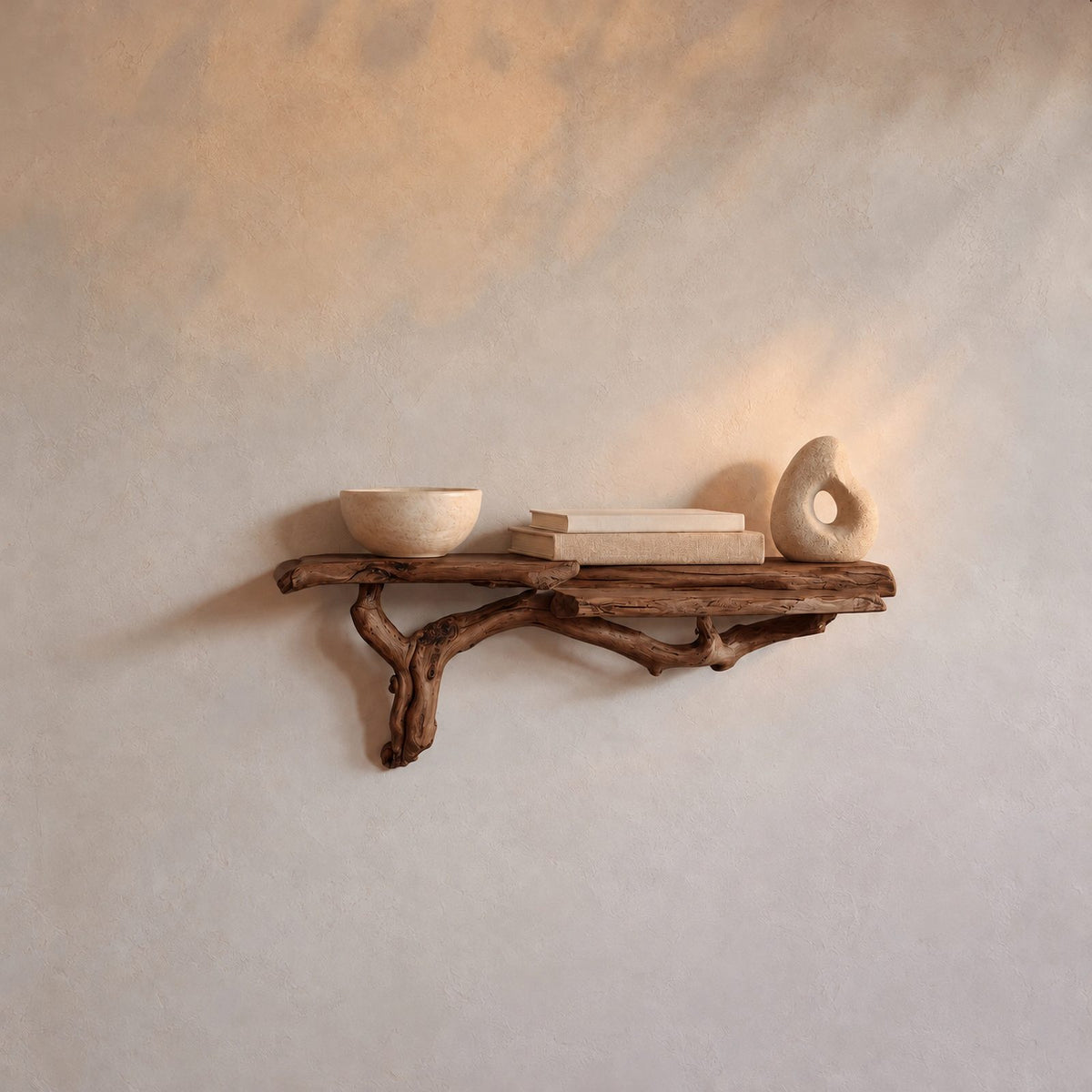 Rustic Live Edge Wooden Floating Shelf With Branch Support For Entryway