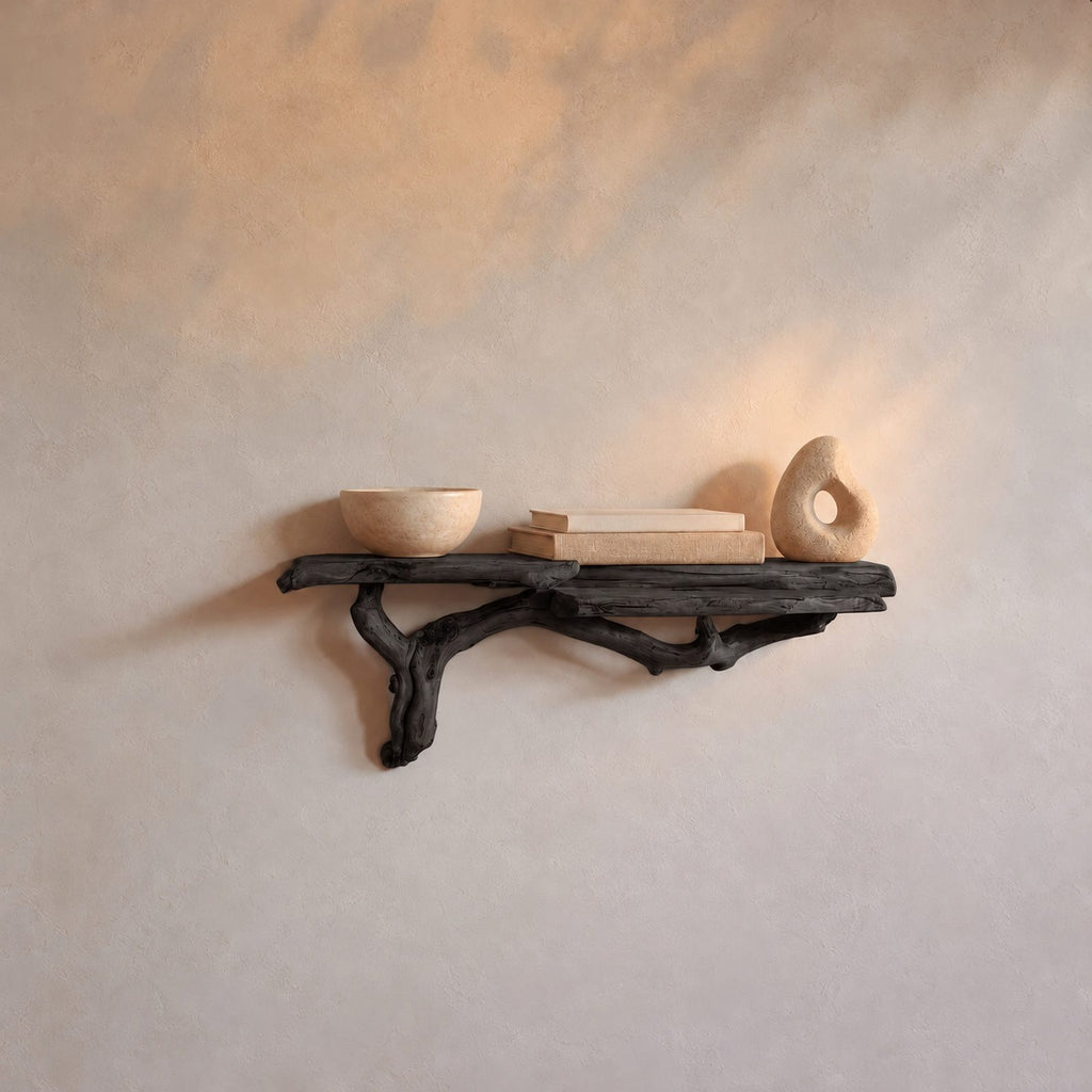 Rustic Live Edge Wooden Floating Shelf With Branch Support For Entryway