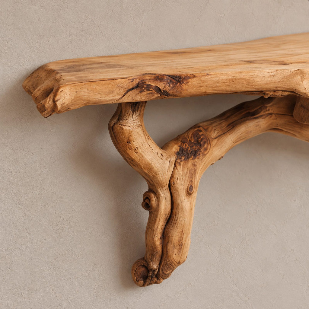 Rustic Live Edge Wooden Floating Shelf With Branch Support For Entryway