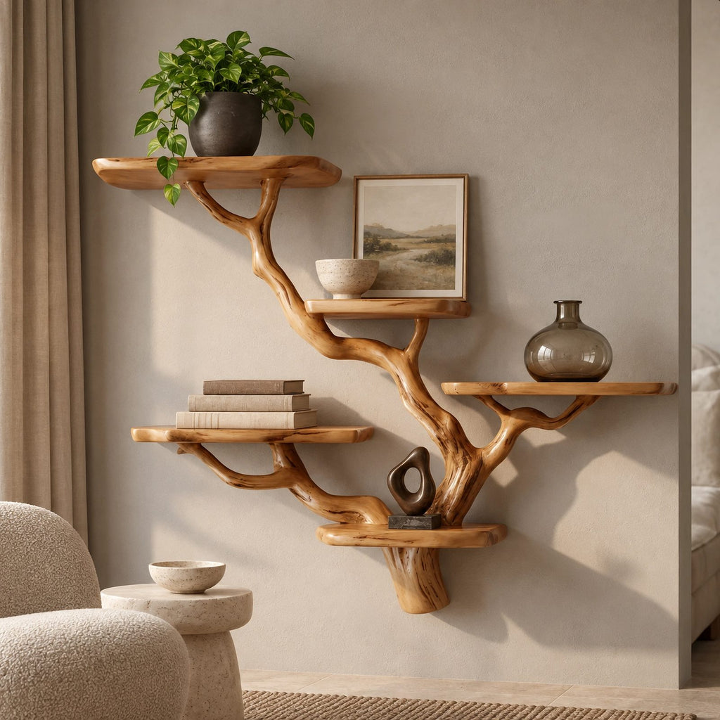 Modern Sculptural Wooden Wall Tree Bookshelf With Branching Shelves