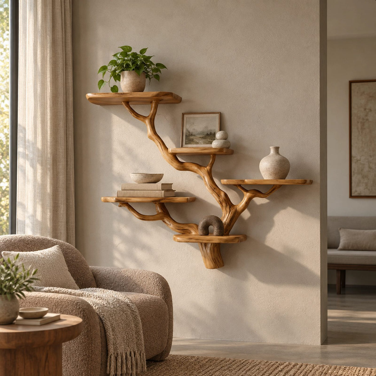 Modern Sculptural Wooden Wall Tree Bookshelf With Branching Shelves