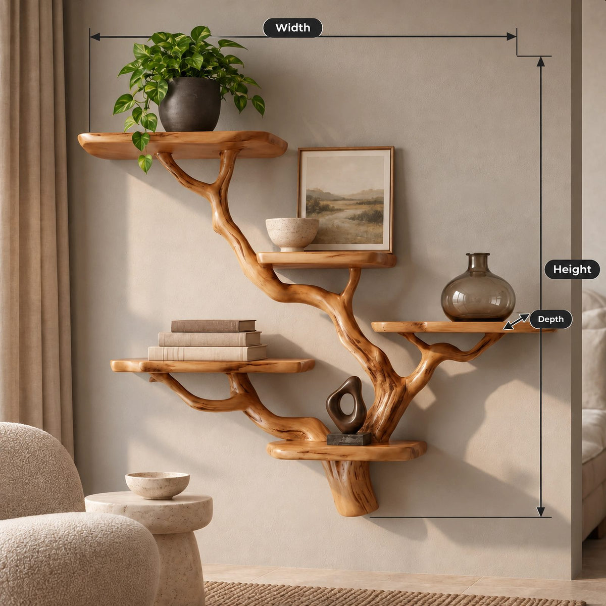 Modern Sculptural Wooden Wall Tree Bookshelf With Branching Shelves