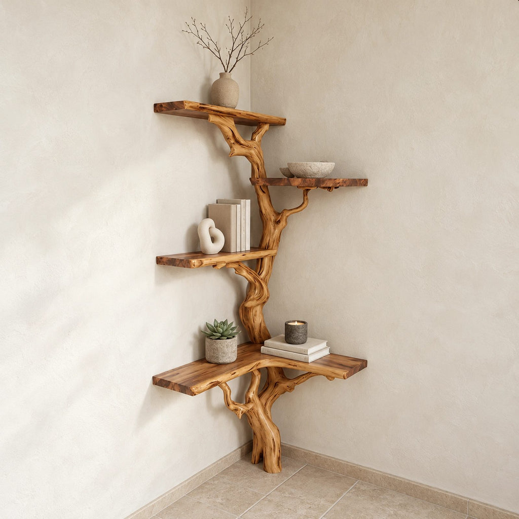 Organic Sculptural Wood Corner Tree Bookshelf With Curved Shelves