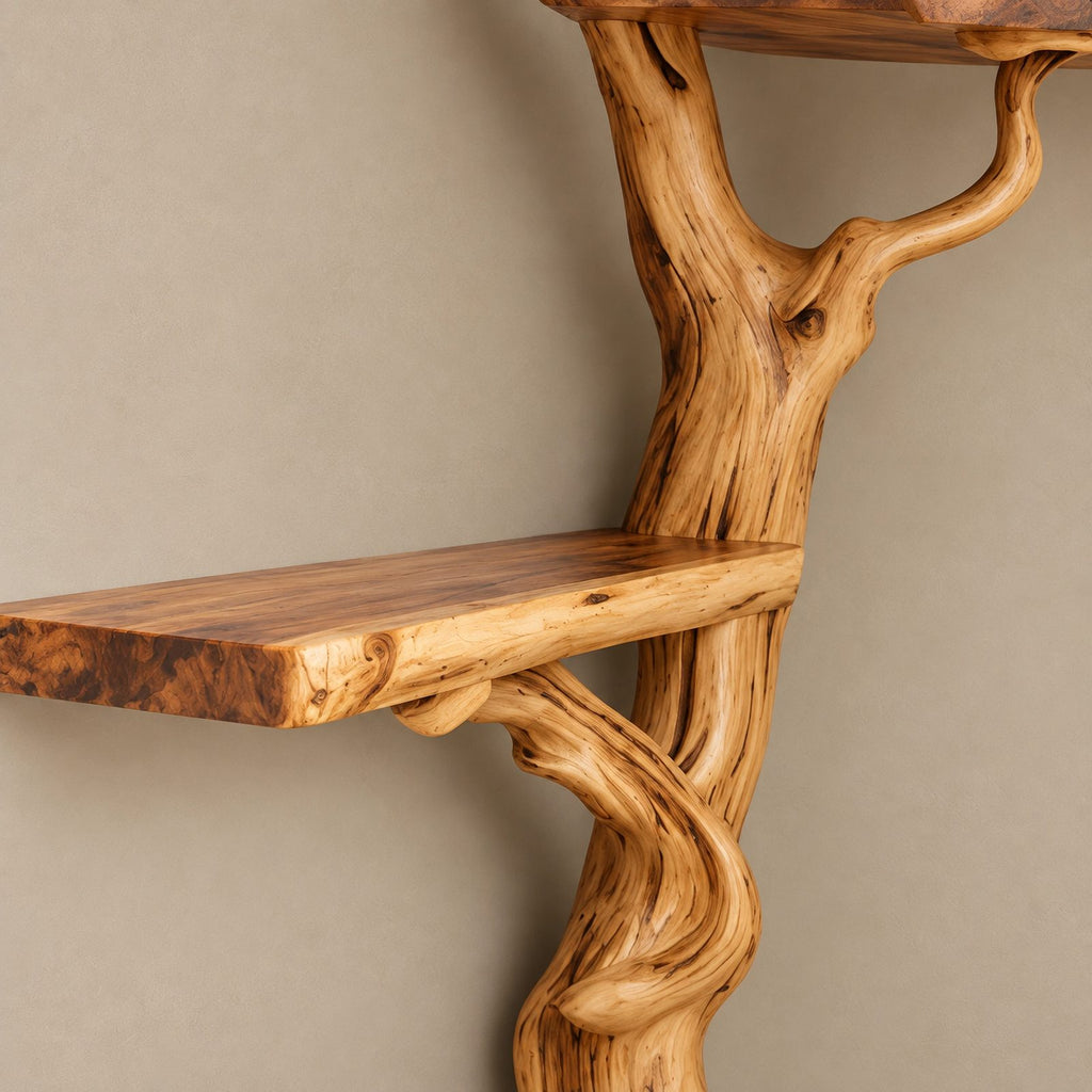 Organic Sculptural Wood Corner Tree Bookshelf With Curved Shelves