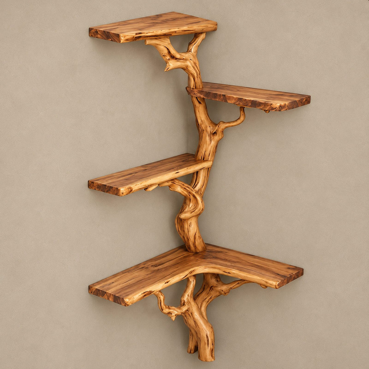 Organic Sculptural Wood Corner Tree Bookshelf With Curved Shelves