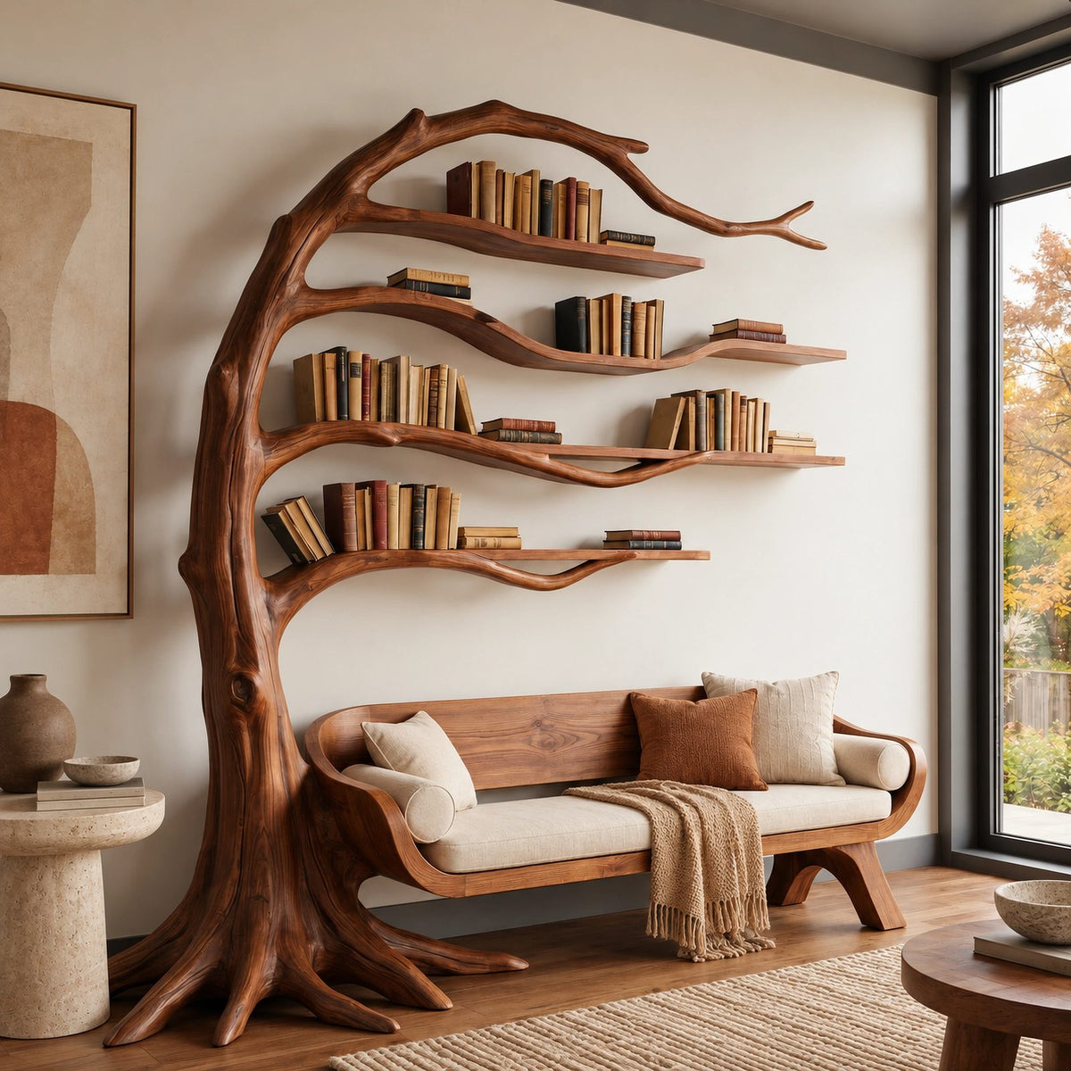 Sculptural Wood Tree Bookshelf With Built In Reading Bench For Living Room