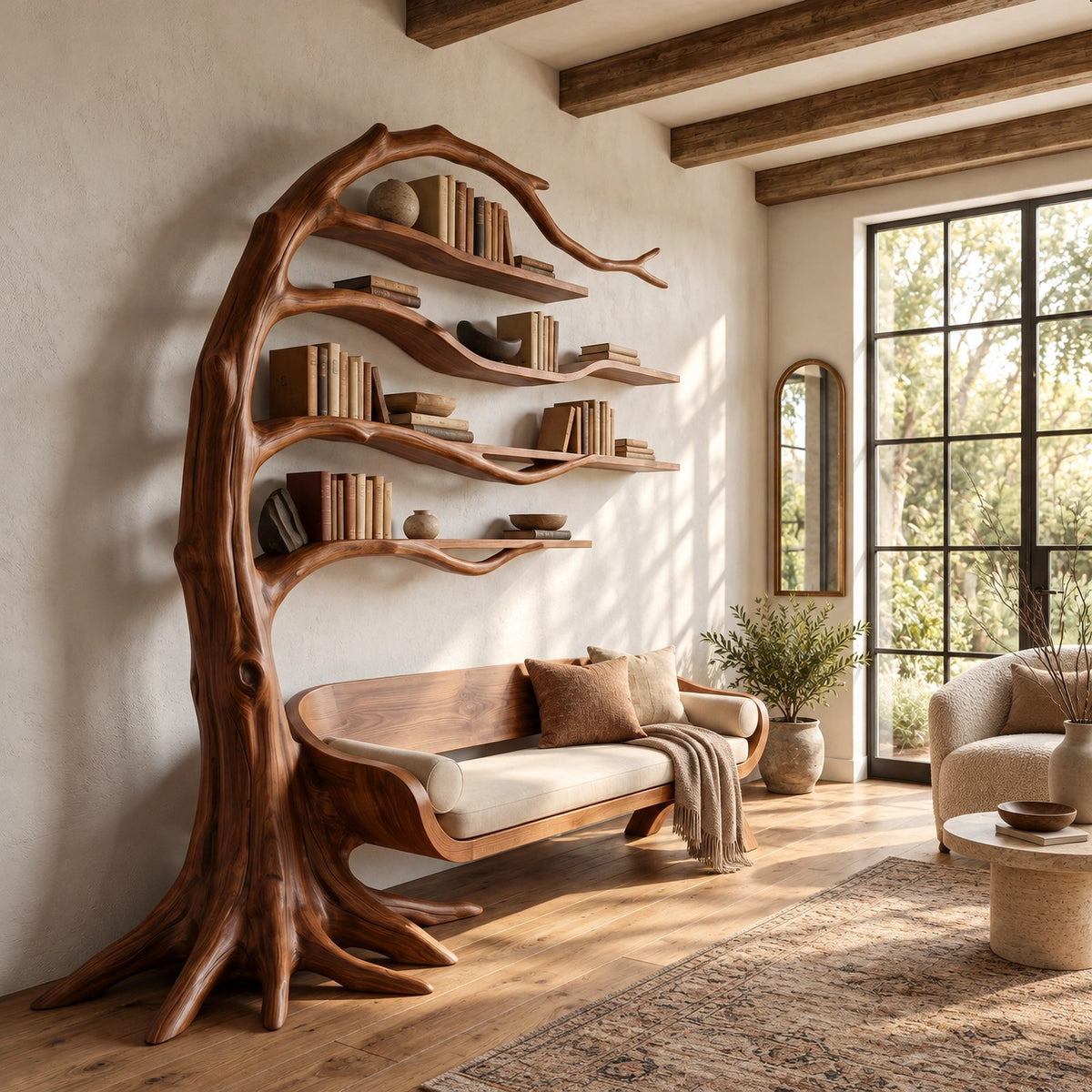 Sculptural Wood Tree Bookshelf With Built In Reading Bench For Living Room
