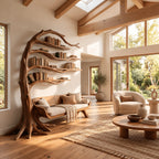 Sculptural Wood Tree Bookshelf With Built In Reading Bench For Living Room