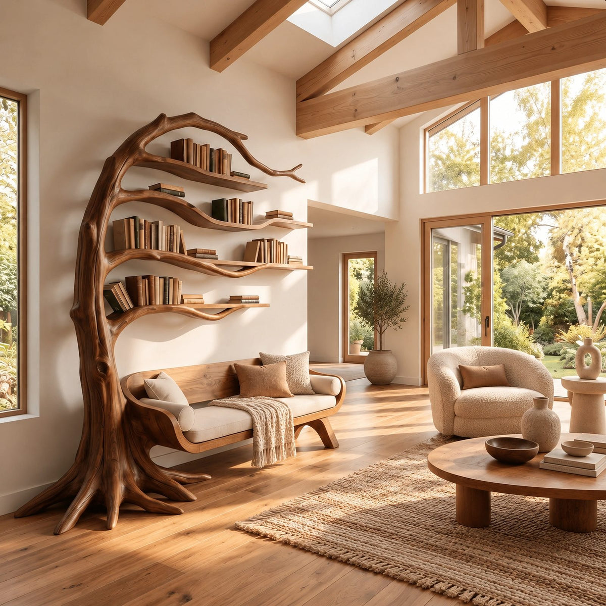 Sculptural Wood Tree Bookshelf With Built In Reading Bench For Living Room