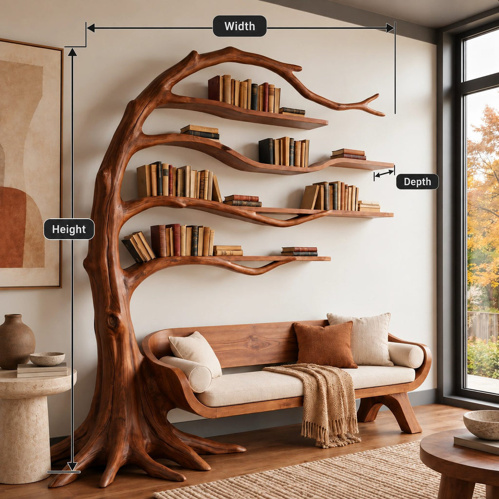 Sculptural Wood Tree Bookshelf With Built In Reading Bench For Living Room