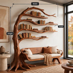 Sculptural Wood Tree Bookshelf With Built In Reading Bench For Living Room
