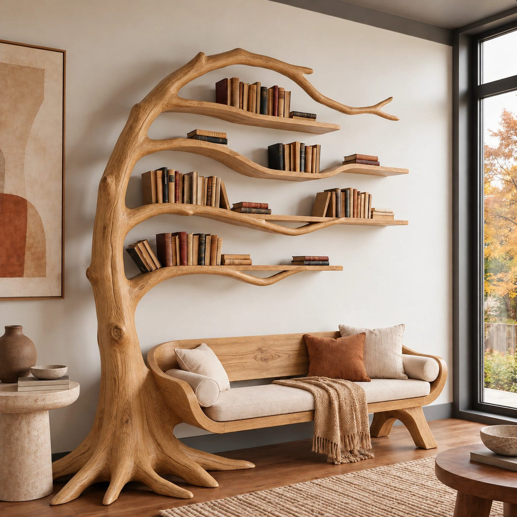 Sculptural Wood Tree Bookshelf With Built In Reading Bench For Living Room