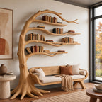 Sculptural Wood Tree Bookshelf With Built In Reading Bench For Living Room