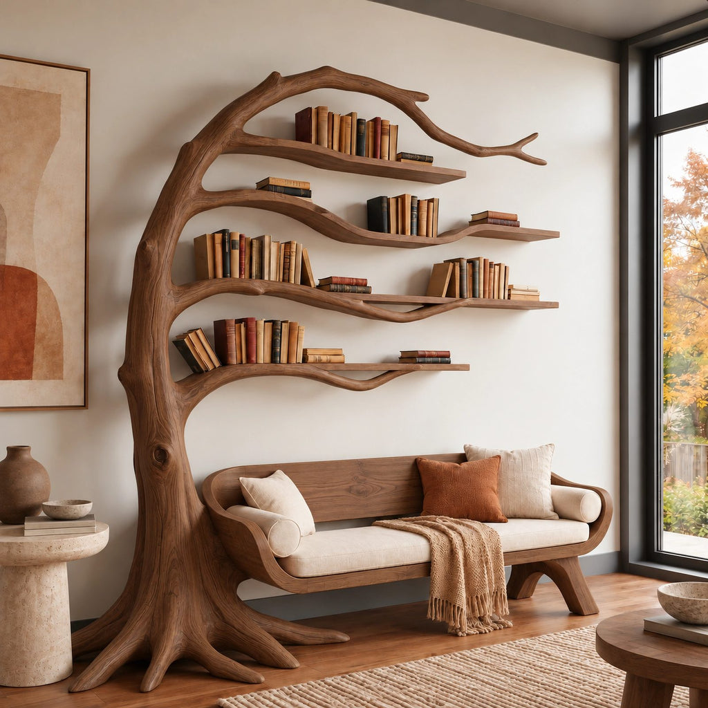 Sculptural Wood Tree Bookshelf With Built In Reading Bench For Living Room