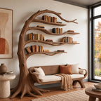 Sculptural Wood Tree Bookshelf With Built In Reading Bench For Living Room
