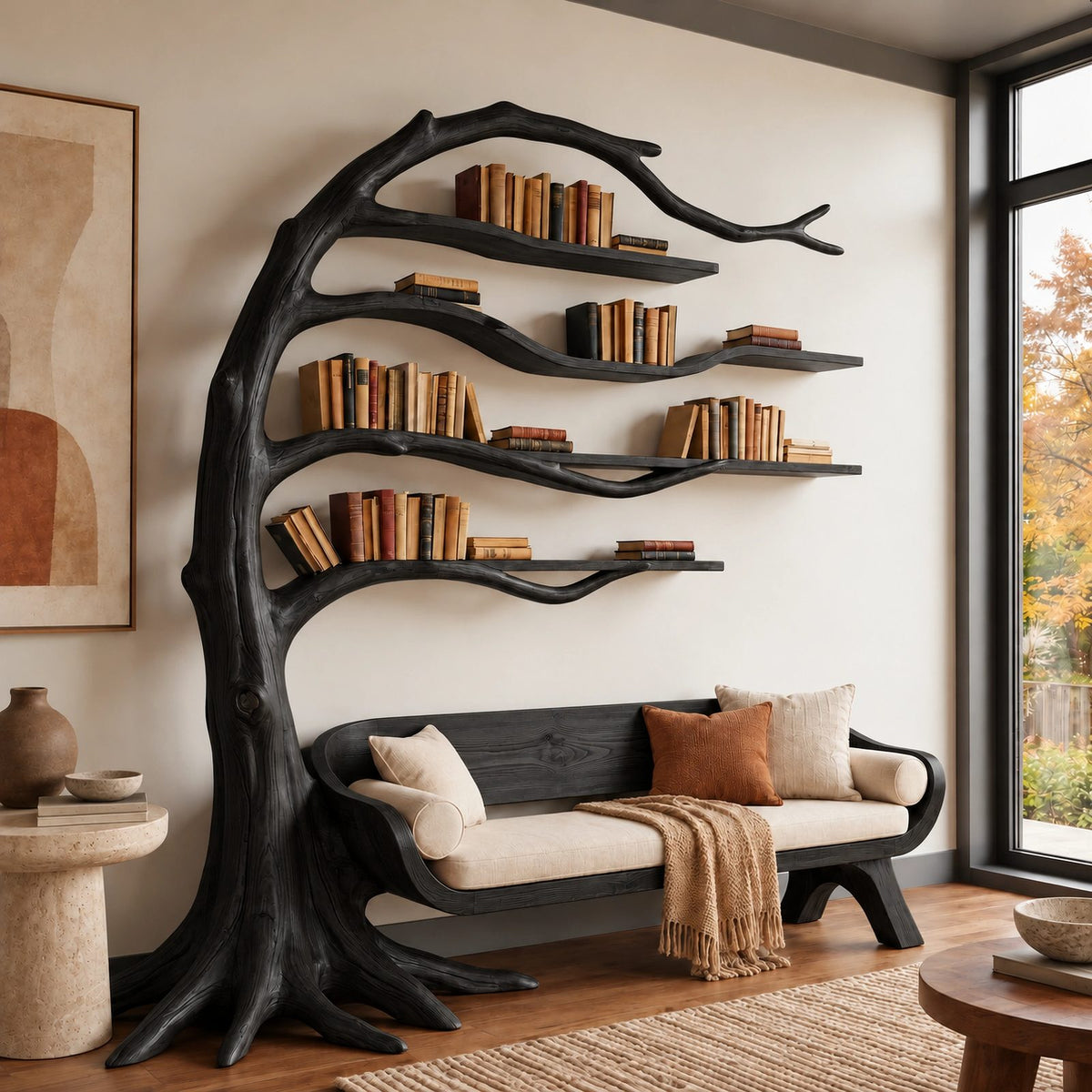 Sculptural Wood Tree Bookshelf With Built In Reading Bench For Living Room