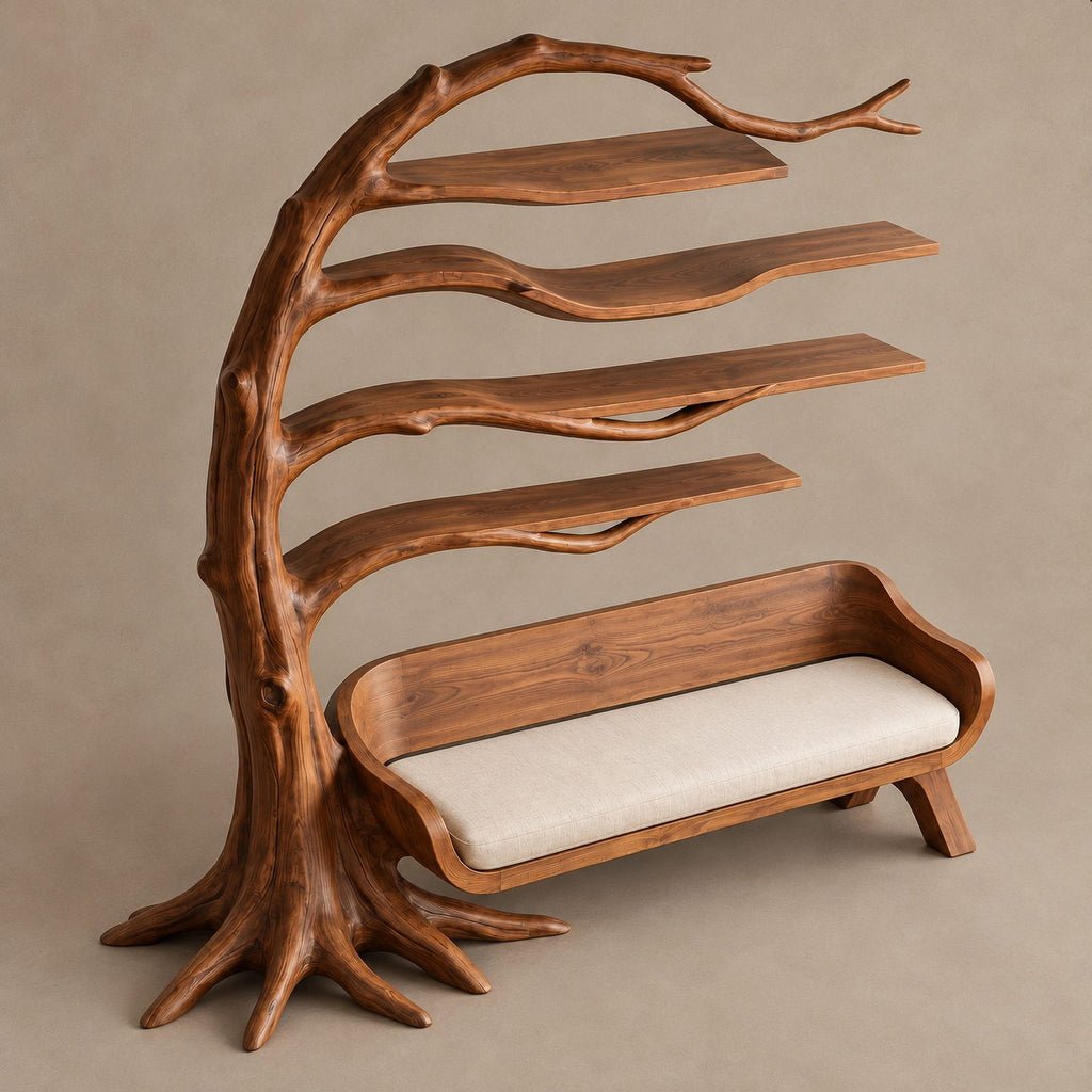 Sculptural Wood Tree Bookshelf With Built In Reading Bench For Living Room