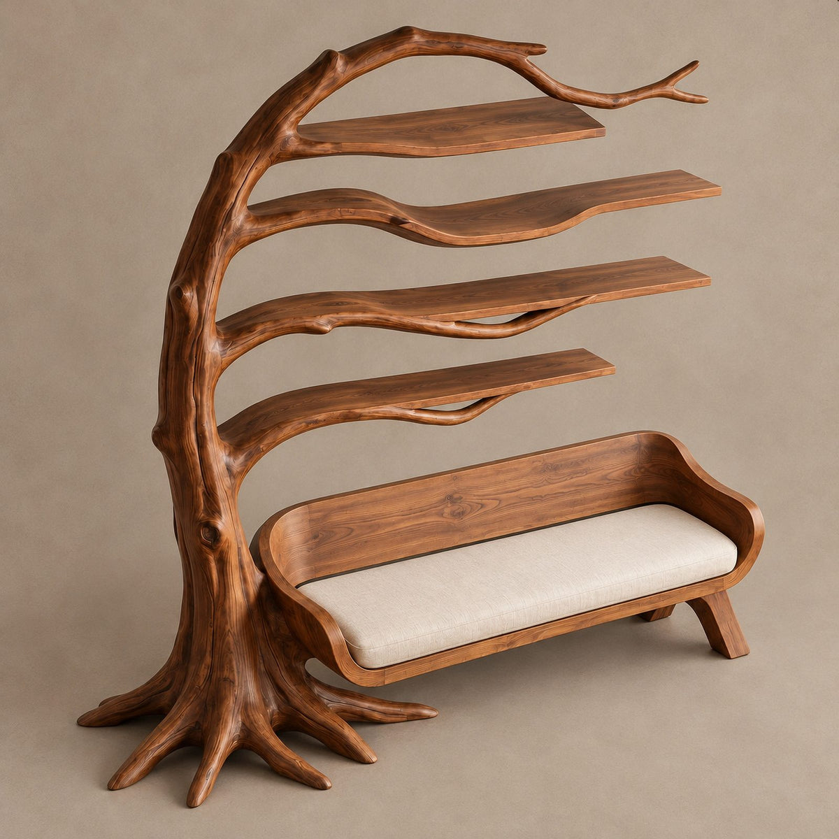 Sculptural Wood Tree Bookshelf With Built In Reading Bench For Living Room