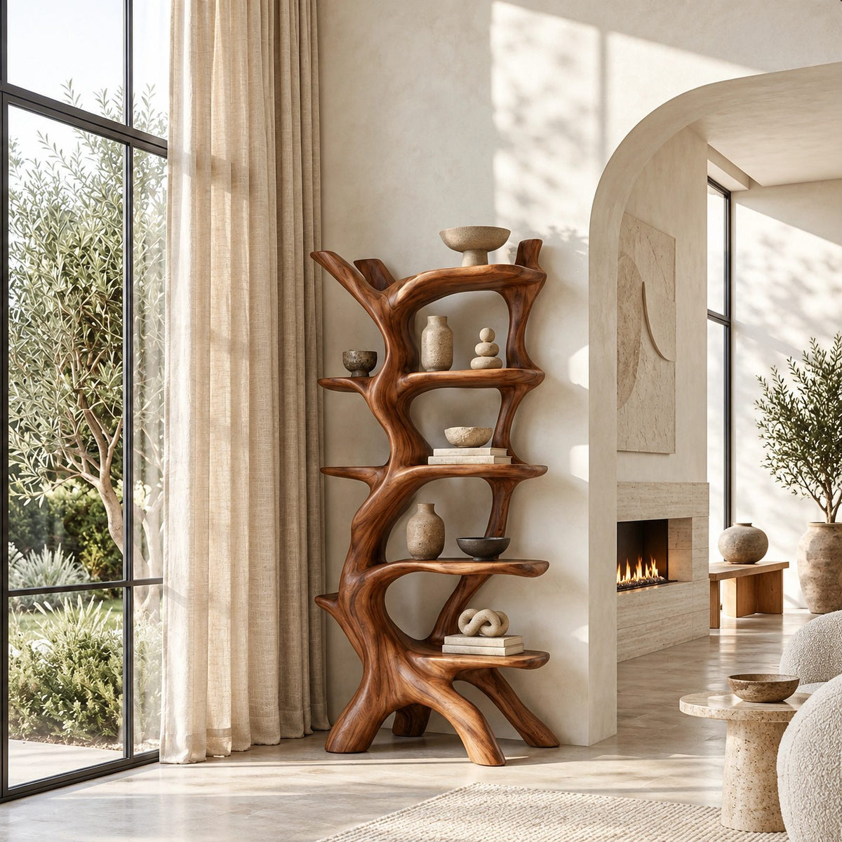 Freestanding Sculptural Wood Tree Bookshelf With Curved Display Shelves