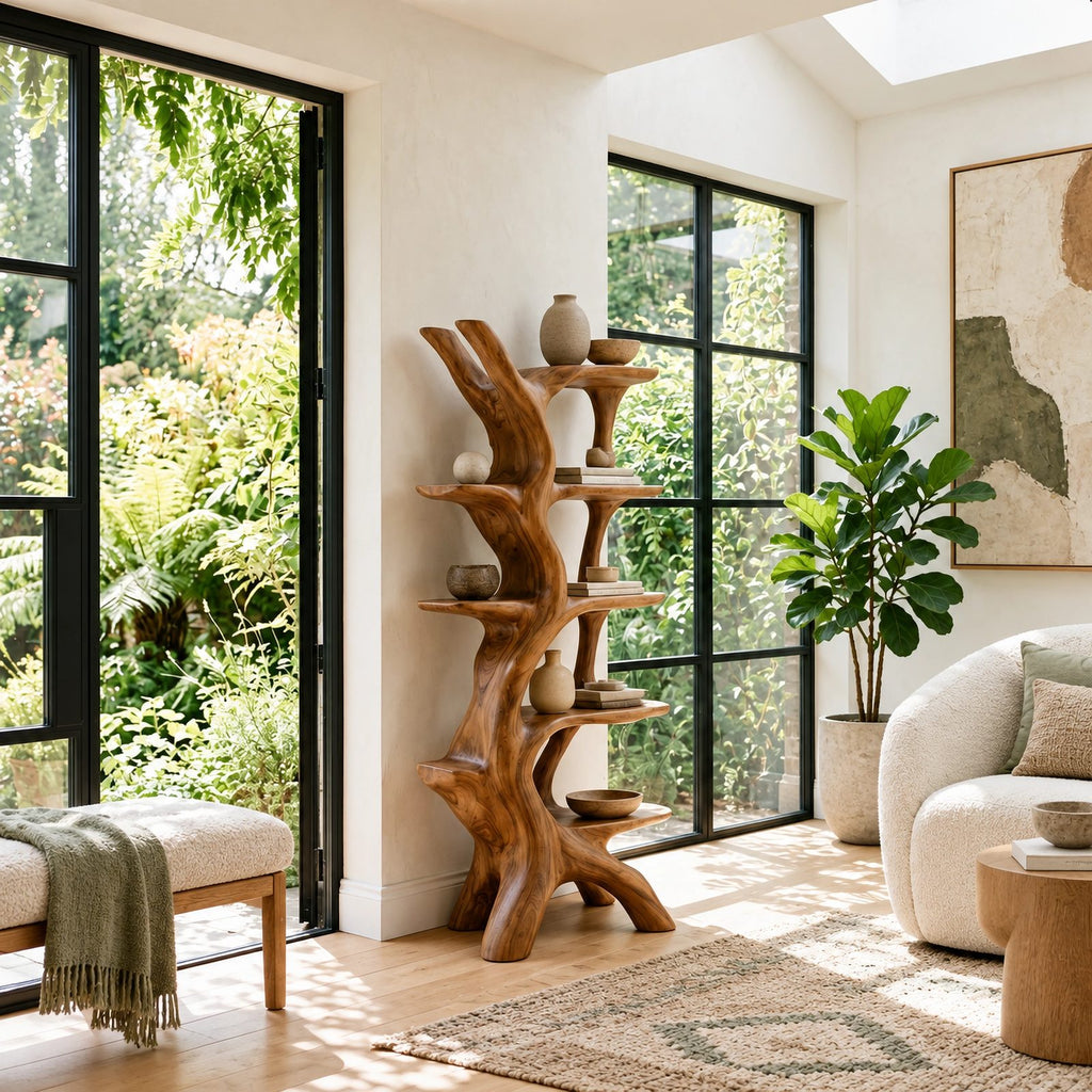Freestanding Sculptural Wood Tree Bookshelf With Curved Display Shelves