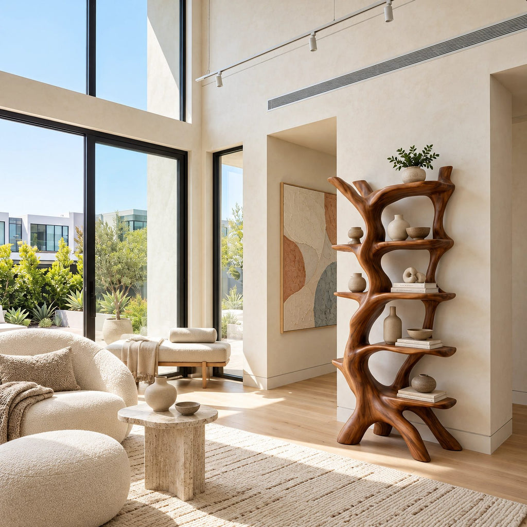 Freestanding Sculptural Wood Tree Bookshelf With Curved Display Shelves