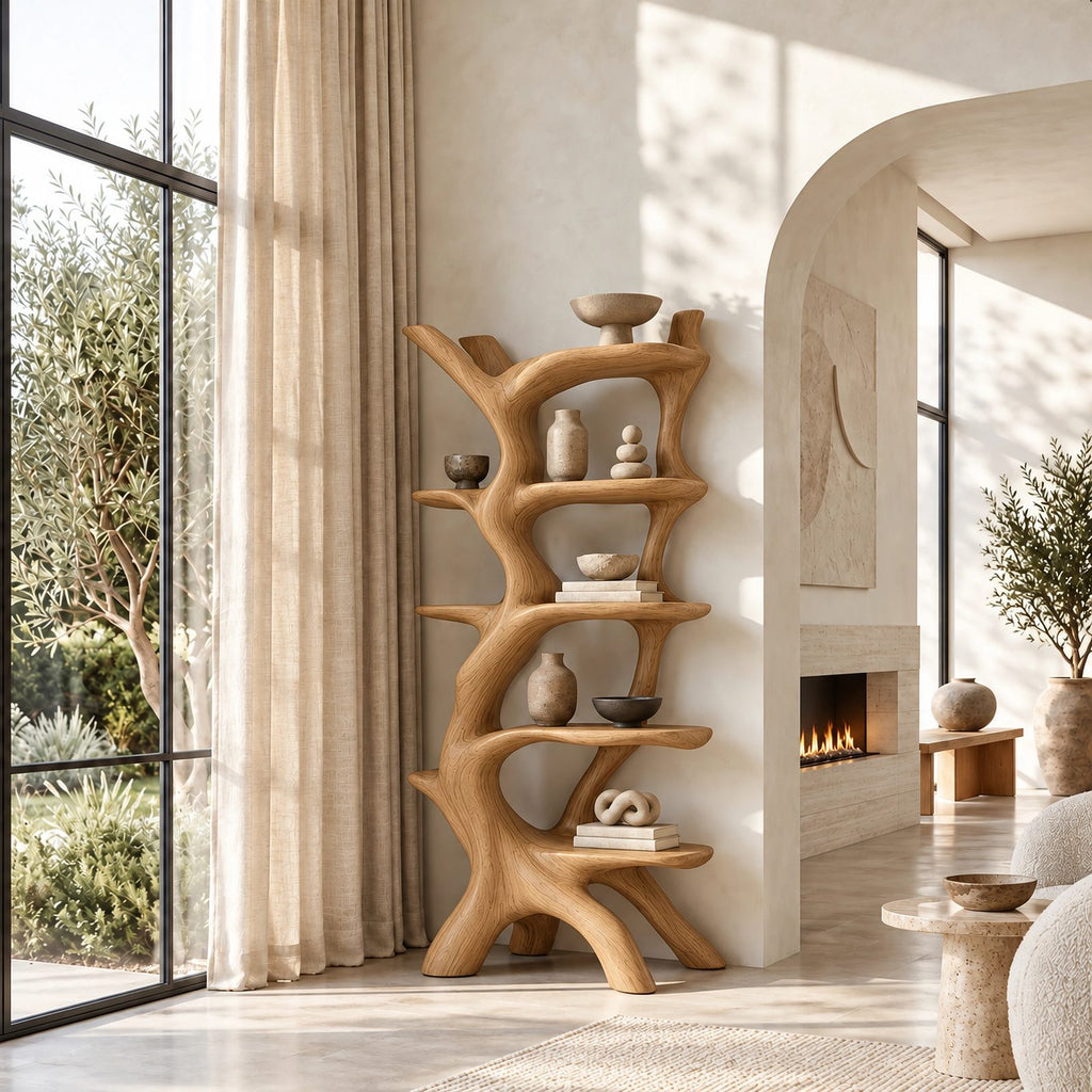 Freestanding Sculptural Wood Tree Bookshelf With Curved Display Shelves