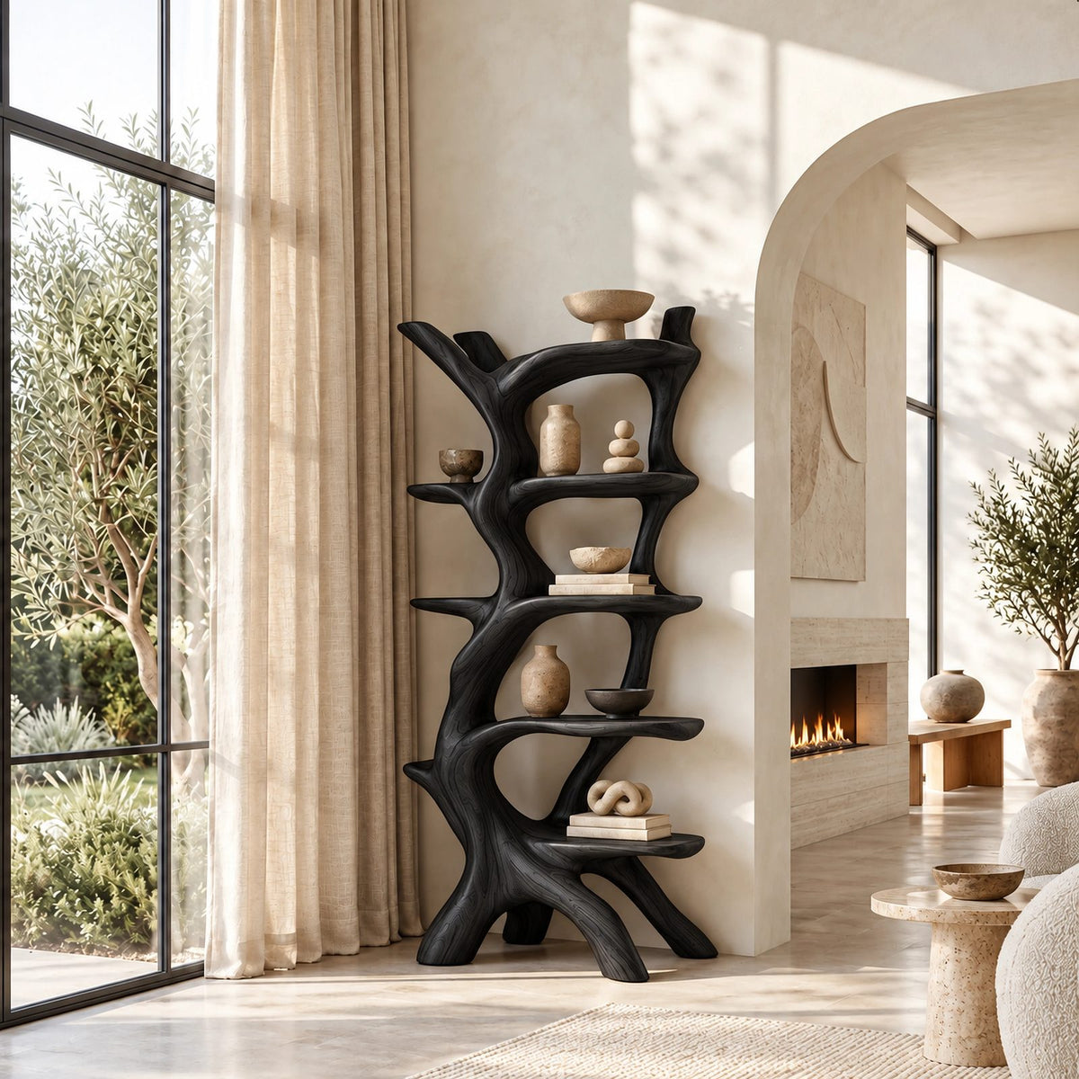 Freestanding Sculptural Wood Tree Bookshelf With Curved Display Shelves