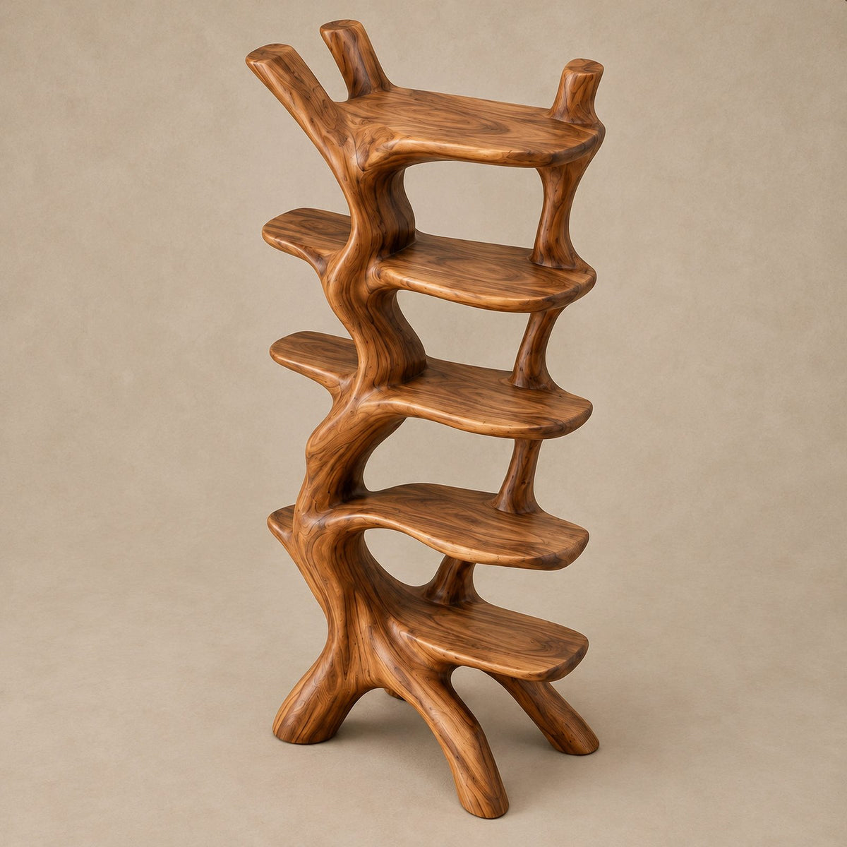 Freestanding Sculptural Wood Tree Bookshelf With Curved Display Shelves