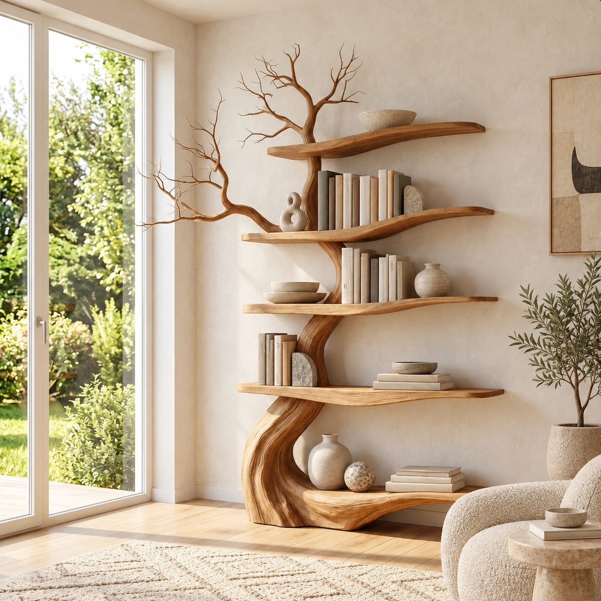 Contemporary Freestanding Wood Tree Bookshelf With Sinuous Branch Shelves