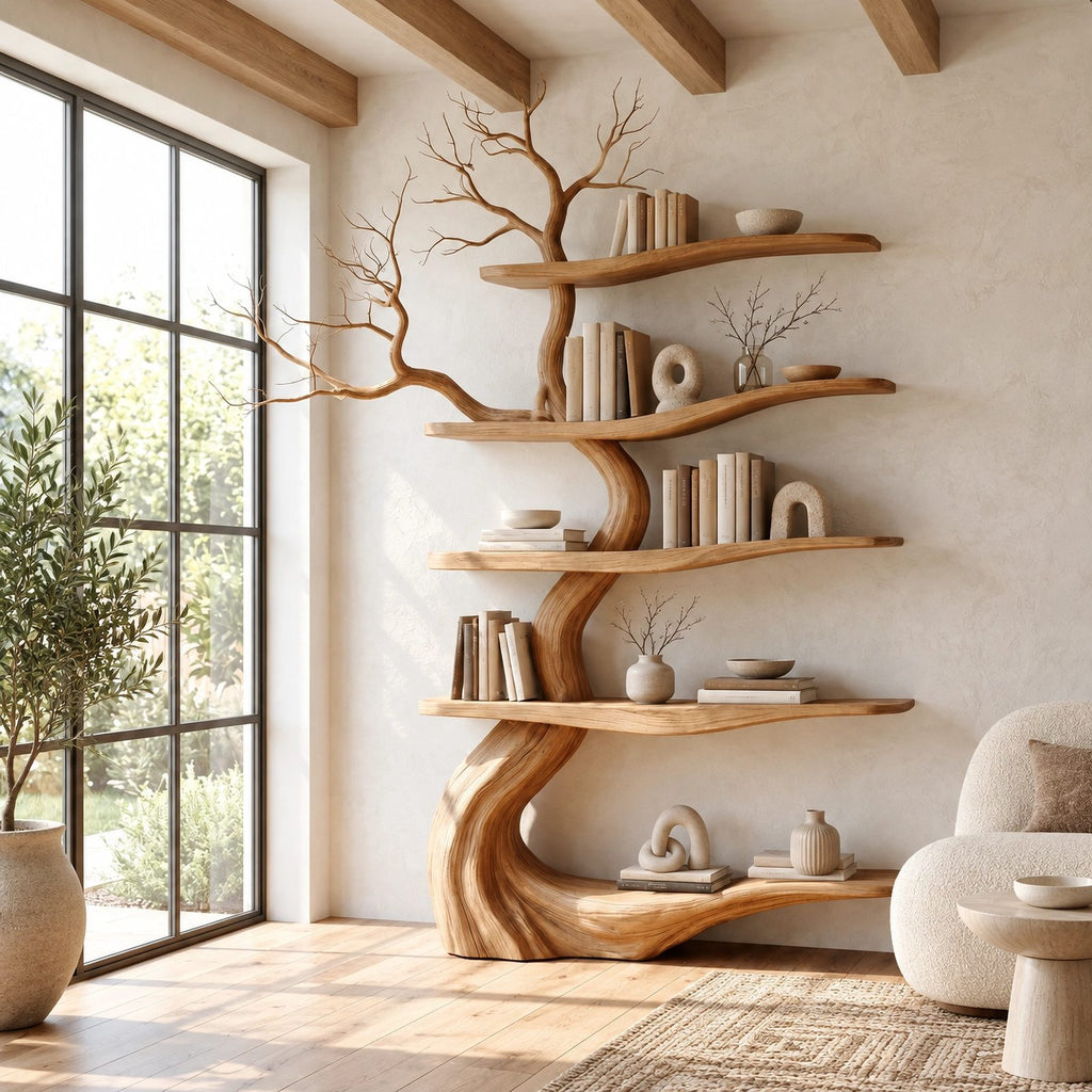 Contemporary Freestanding Wood Tree Bookshelf With Sinuous Branch Shelves